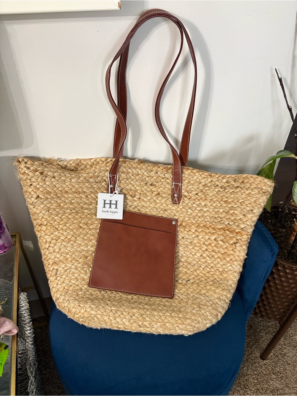 Woven Straw Tote Bag with Brown Leather Straps
